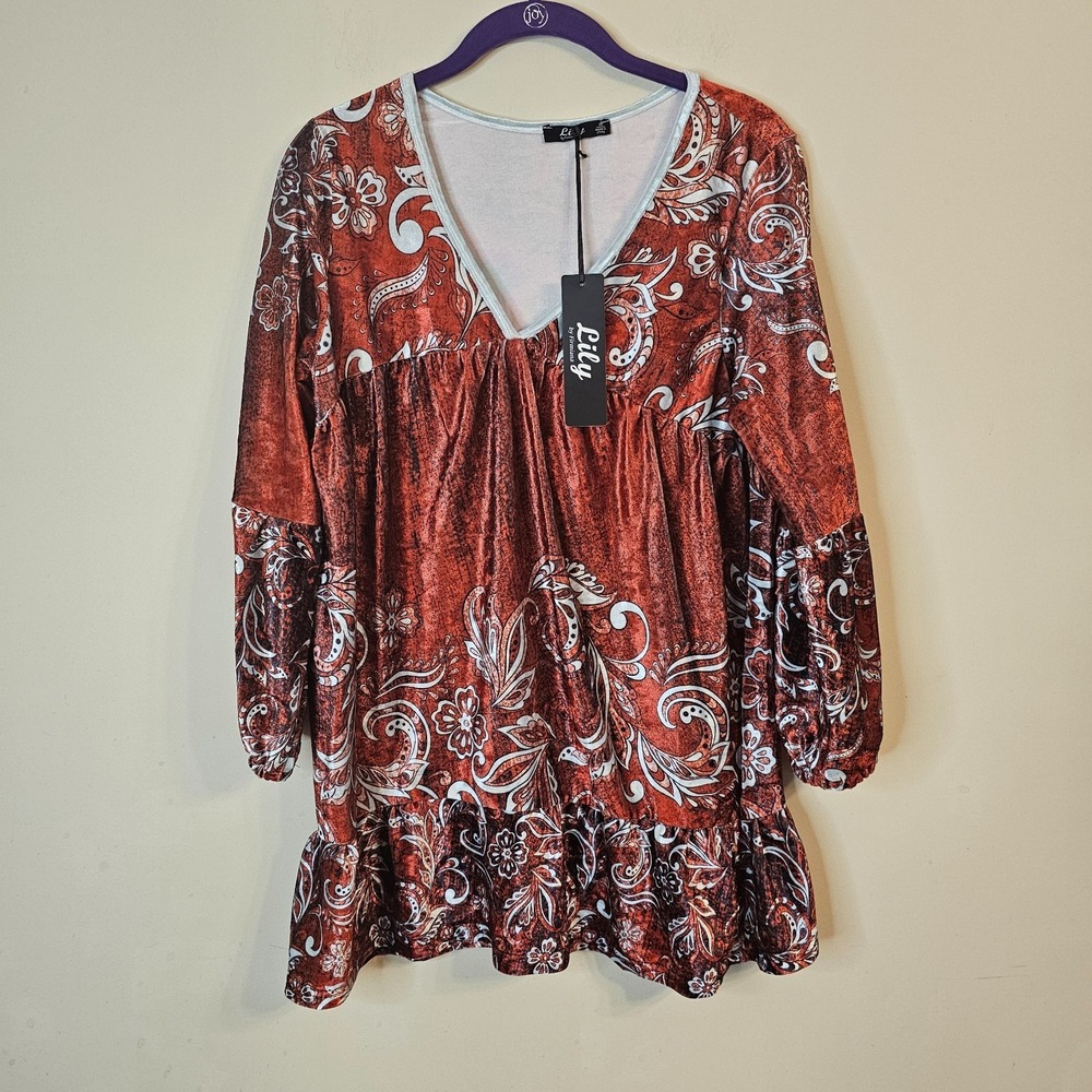 NWT Lily by‎ Firmiana Velvet Tunic Top Red V Neck Ruffled Hem Size M